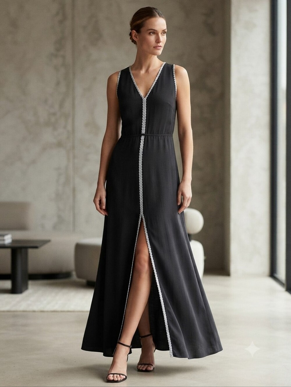 Parker Vintage Silk Black Braided Trim Maxi Dress Size M V-Neck  Halter Tie Neck